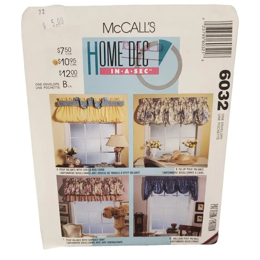 McCALL's Home Decorating Curtains 6032 Vintage McCALL's Sewing Pattern UNCUT